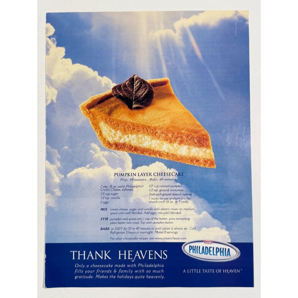 Vintage 2000 Pumpkin Cheesecake Philadelphia Cream Cheese Advertisement Print Ad